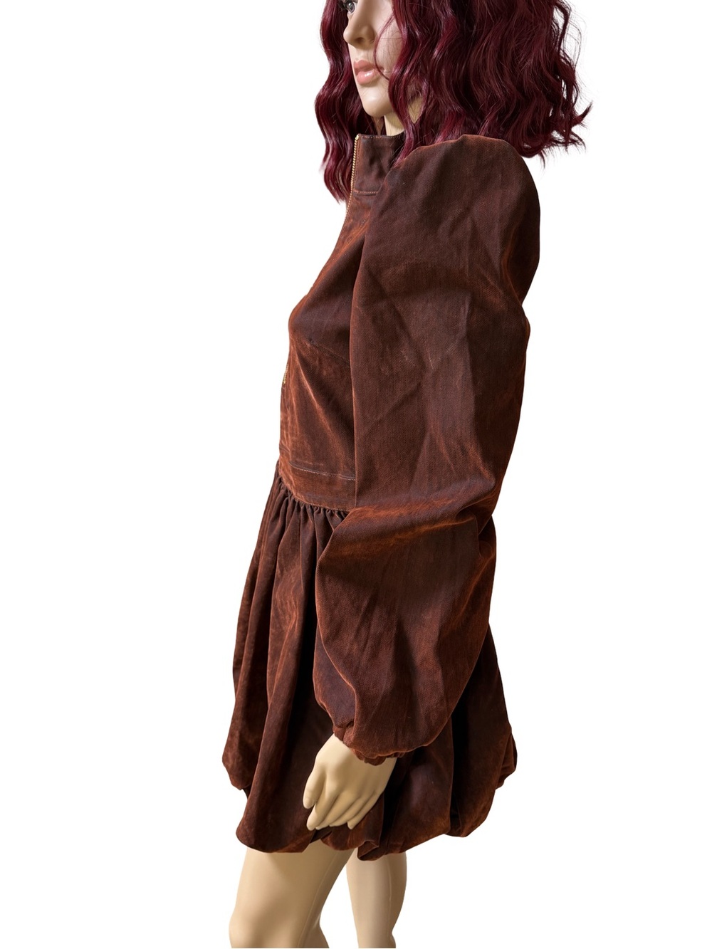 AKIRA NWT Sz S Brown Velvet Denim Long Sleeve Flare Bubbly Mini Dress (0779) - Picture 9 of 16